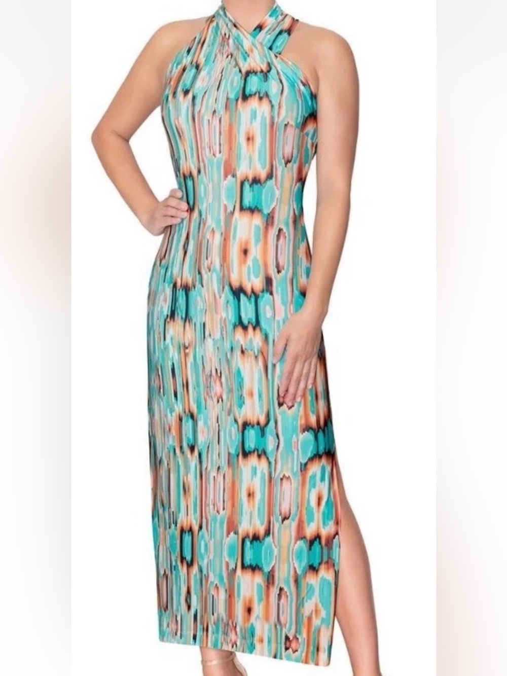 NWT Rachel Roy Abstract Maxi Dress Fully Lined Slit High Neck Fitted Size XL